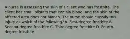 A nurse is assessing the skin of a client who has frostbite. The client has small blisters that contain blood, and the skin of the affected area does not blanch. The nurse should classify this injury as which of the following? A. First-degree frostbite B. Second-degree frostbite C. Third-degree frostbite D. Fourth-degree frostbite