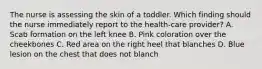 The nurse is assessing the skin of a toddler. Which finding should the nurse immediately report to the health-care provider? A. Scab formation on the left knee B. Pink coloration over the cheekbones C. Red area on the right heel that blanches D. Blue lesion on the chest that does not blanch