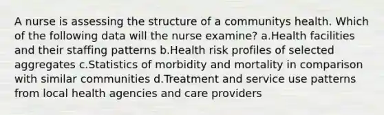 A nurse is assessing the structure of a communitys health. Which of the following data will the nurse examine? a.Health facilities and their staffing patterns b.Health risk profiles of selected aggregates c.Statistics of morbidity and mortality in comparison with similar communities d.Treatment and service use patterns from local health agencies and care providers