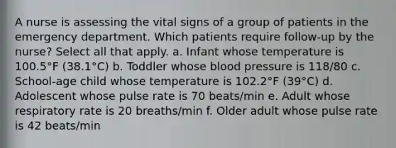 A nurse is assessing the vital signs of a group of patients in the emergency department. Which patients require follow-up by the nurse? Select all that apply. a. Infant whose temperature is 100.5°F (38.1°C) b. Toddler whose blood pressure is 118/80 c. School-age child whose temperature is 102.2°F (39°C) d. Adolescent whose pulse rate is 70 beats/min e. Adult whose respiratory rate is 20 breaths/min f. Older adult whose pulse rate is 42 beats/min