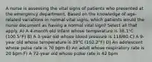 A nurse is assessing the vital signs of patients who presented at the emergency department. Based on the knowledge of age-related variations in normal vital signs, which patients would the nurse document as having a normal vital sign? Select all that apply. A) A 4-month old infant whose temperature is 38.1°C (100.5°F) B) A 3-year old whose blood pressure is 118/80 C) A 9-year old whose temperature is 39°C (102.2°F) D) An adolescent whose pulse rate is 70 bpm E) An adult whose respiratory rate is 20 bpm F) A 72-year old whose pulse rate is 42 bpm