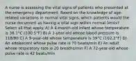 A nurse is assessing the vital signs of patients who presented at the emergency department. Based on the knowledge of age-related variations in normal vital signs, which patients would the nurse document as having a vital sign within normal limits? Select all that apply. A) A 4-month-old infant whose temperature is 38.1°C (100.5°F) B) A 3-year-old whose blood pressure is 118/80 C) A 9-year-old whose temperature is 39°C (102.2°F) D) An adolescent whose pulse rate is 70 beats/min E) An adult whose respiratory rate is 20 breaths/min F) A 72-year-old whose pulse rate is 42 beats/min