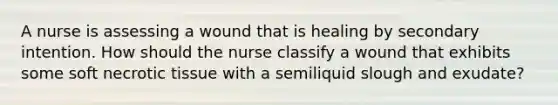 A nurse is assessing a wound that is healing by secondary intention. How should the nurse classify a wound that exhibits some soft necrotic tissue with a semiliquid slough and exudate?