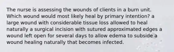 The nurse is assessing the wounds of clients in a burn unit. Which wound would most likely heal by primary intention? a large wound with considerable tissue loss allowed to heal naturally a surgical incision with sutured approximated edges a wound left open for several days to allow edema to subside a wound healing naturally that becomes infected.