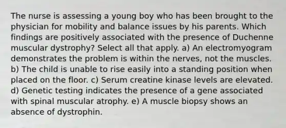 The nurse is assessing a young boy who has been brought to the physician for mobility and balance issues by his parents. Which findings are positively associated with the presence of Duchenne muscular dystrophy? Select all that apply. a) An electromyogram demonstrates the problem is within the nerves, not the muscles. b) The child is unable to rise easily into a standing position when placed on the floor. c) Serum creatine kinase levels are elevated. d) Genetic testing indicates the presence of a gene associated with spinal muscular atrophy. e) A muscle biopsy shows an absence of dystrophin.