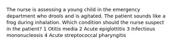 The nurse is assessing a young child in the emergency department who drools and is agitated. The patient sounds like a frog during inhalation. Which condition should the nurse suspect in the patient? 1 Otitis media 2 Acute epiglottitis 3 Infectious mononucleosis 4 Acute streptococcal pharyngitis