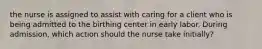 the nurse is assigned to assist with caring for a client who is being admitted to the birthing center in early labor. During admission, which action should the nurse take initially?