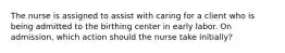 The nurse is assigned to assist with caring for a client who is being admitted to the birthing center in early labor. On admission, which action should the nurse take initially?