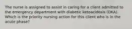 The nurse is assigned to assist in caring for a client admitted to the emergency department with diabetic ketoacidosis (DKA). Which is the priority nursing action for this client who is in the acute phase?