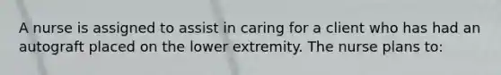 A nurse is assigned to assist in caring for a client who has had an autograft placed on the lower extremity. The nurse plans to: