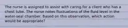 The nurse is assigned to assist with caring for a client who has a chest tube. The nurse notes fluctuations of the fluid level in the water-seal chamber. Based on this observation, which action would be appropriate?