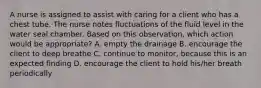 A nurse is assigned to assist with caring for a client who has a chest tube. The nurse notes fluctuations of the fluid level in the water seal chamber. Based on this observation, which action would be appropriate? A. empty the drainage B. encourage the client to deep breathe C. continue to monitor, because this is an expected finding D. encourage the client to hold his/her breath periodically