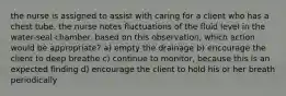 the nurse is assigned to assist with caring for a client who has a chest tube. the nurse notes fluctuations of the fluid level in the water-seal chamber. based on this observation, which action would be appropriate? a) empty the drainage b) encourage the client to deep breathe c) continue to monitor, because this is an expected finding d) encourage the client to hold his or her breath periodically