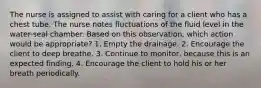 The nurse is assigned to assist with caring for a client who has a chest tube. The nurse notes fluctuations of the fluid level in the water-seal chamber. Based on this observation, which action would be appropriate? 1. Empty the drainage. 2. Encourage the client to deep breathe. 3. Continue to monitor, because this is an expected finding. 4. Encourage the client to hold his or her breath periodically.