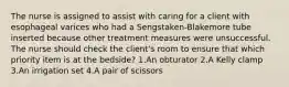 The nurse is assigned to assist with caring for a client with esophageal varices who had a Sengstaken-Blakemore tube inserted because other treatment measures were unsuccessful. The nurse should check the client's room to ensure that which priority item is at the bedside? 1.An obturator 2.A Kelly clamp 3.An irrigation set 4.A pair of scissors