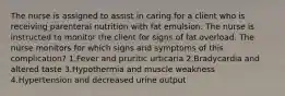 The nurse is assigned to assist in caring for a client who is receiving parenteral nutrition with fat emulsion. The nurse is instructed to monitor the client for signs of fat overload. The nurse monitors for which signs and symptoms of this complication? 1.Fever and pruritic urticaria 2.Bradycardia and altered taste 3.Hypothermia and muscle weakness 4.Hypertension and decreased urine output