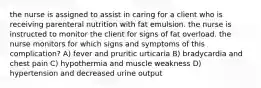 the nurse is assigned to assist in caring for a client who is receiving parenteral nutrition with fat emulsion. the nurse is instructed to monitor the client for signs of fat overload. the nurse monitors for which signs and symptoms of this complication? A) fever and pruritic urticaria B) bradycardia and chest pain C) hypothermia and muscle weakness D) hypertension and decreased urine output