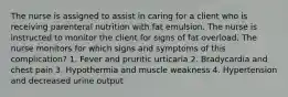 The nurse is assigned to assist in caring for a client who is receiving parenteral nutrition with fat emulsion. The nurse is instructed to monitor the client for signs of fat overload. The nurse monitors for which signs and symptoms of this complication? 1. Fever and pruritic urticaria 2. Bradycardia and chest pain 3. Hypothermia and muscle weakness 4. Hypertension and decreased urine output