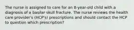 The nurse is assigned to care for an 8-year-old child with a diagnosis of a basilar skull fracture. The nurse reviews the health care provider's (HCP's) prescriptions and should contact the HCP to question which prescription?