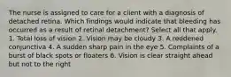 The nurse is assigned to care for a client with a diagnosis of detached retina. Which findings would indicate that bleeding has occurred as a result of retinal detachment? Select all that apply. 1. Total loss of vision 2. Vision may be cloudy 3. A reddened conjunctiva 4. A sudden sharp pain in the eye 5. Complaints of a burst of black spots or floaters 6. Vision is clear straight ahead but not to the right