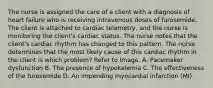 The nurse is assigned the care of a client with a diagnosis of heart failure who is receiving intravenous doses of furosemide. The client is attached to cardiac telemetry, and the nurse is monitoring the client's cardiac status. The nurse notes that the client's cardiac rhythm has changed to this pattern. The nurse determines that the most likely cause of this cardiac rhythm in the client is which problem? Refer to Image. A. Pacemaker dysfunction B. The presence of hypokalemia C. The effectiveness of the furosemide D. An impending myocardial infarction (MI)