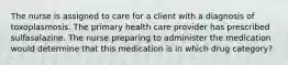 The nurse is assigned to care for a client with a diagnosis of toxoplasmosis. The primary health care provider has prescribed sulfasalazine. The nurse preparing to administer the medication would determine that this medication is in which drug category?