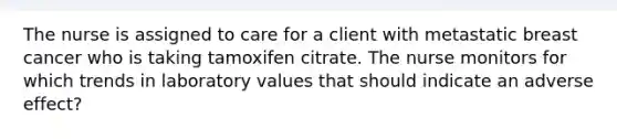 The nurse is assigned to care for a client with metastatic breast cancer who is taking tamoxifen citrate. The nurse monitors for which trends in laboratory values that should indicate an adverse effect?