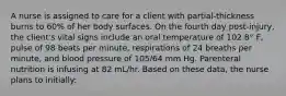 A nurse is assigned to care for a client with partial-thickness burns to 60% of her body surfaces. On the fourth day post-injury, the client's vital signs include an oral temperature of 102.8° F, pulse of 98 beats per minute, respirations of 24 breaths per minute, and blood pressure of 105/64 mm Hg. Parenteral nutrition is infusing at 82 mL/hr. Based on these data, the nurse plans to initially: