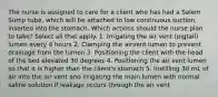 The nurse is assigned to care for a client who has had a Salem Sump tube, which will be attached to low continuous suction, inserted into the stomach. Which actions should the nurse plan to take? Select all that apply. 1. Irrigating the air vent (pigtail) lumen every 4 hours 2. Clamping the airvent lumen to prevent drainage from the lumen 3. Positioning the client with the head of the bed elevated 30 degrees 4. Positioning the air vent lumen so that it is higher than the client's stomach 5. Instilling 30 mL of air into the air vent and irrigating the main lumen with normal saline solution if leakage occurs through the air vent