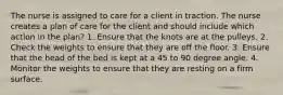 The nurse is assigned to care for a client in traction. The nurse creates a plan of care for the client and should include which action in the plan? 1. Ensure that the knots are at the pulleys. 2. Check the weights to ensure that they are off the floor. 3. Ensure that the head of the bed is kept at a 45 to 90 degree angle. 4. Monitor the weights to ensure that they are resting on a firm surface.