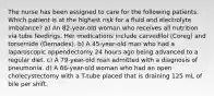 The nurse has been assigned to care for the following patients. Which patient is at the highest risk for a fluid and electrolyte imbalance? a) An 82-year-old woman who receives all nutrition via tube feedings. Her medications include carvedilol (Coreg) and torsemide (Demadex). b) A 45-year-old man who had a laparoscopic appendectomy 24 hours ago being advanced to a regular diet. c) A 79-year-old man admitted with a diagnosis of pneumonia. d) A 66-year-old woman who had an open cholecystectomy with a T-tube placed that is draining 125 mL of bile per shift.