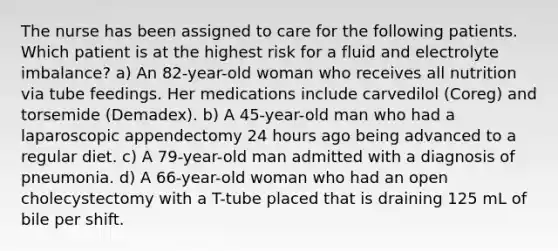 The nurse has been assigned to care for the following patients. Which patient is at the highest risk for a fluid and electrolyte imbalance? a) An 82-year-old woman who receives all nutrition via tube feedings. Her medications include carvedilol (Coreg) and torsemide (Demadex). b) A 45-year-old man who had a laparoscopic appendectomy 24 hours ago being advanced to a regular diet. c) A 79-year-old man admitted with a diagnosis of pneumonia. d) A 66-year-old woman who had an open cholecystectomy with a T-tube placed that is draining 125 mL of bile per shift.