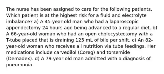 The nurse has been assigned to care for the following patients. Which patient is at the highest risk for a fluid and electrolyte imbalance? a) A 45-year-old man who had a laparoscopic appendectomy 24 hours ago being advanced to a regular diet. b) A 66-year-old woman who had an open cholecystectomy with a T-tube placed that is draining 125 mL of bile per shift. c) An 82-year-old woman who receives all nutrition via tube feedings. Her medications include carvedilol (Coreg) and torsemide (Demadex). d) A 79-year-old man admitted with a diagnosis of pneumonia.