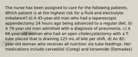 The nurse has been assigned to care for the following patients. Which patient is at the highest risk for a fluid and electrolyte imbalance? a) A 45-year-old man who had a laparoscopic appendectomy 24 hours ago being advanced to a regular diet. b) A 79-year-old man admitted with a diagnosis of pneumonia. c) A 66-year-old woman who had an open cholecystectomy with a T-tube placed that is draining 125 mL of bile per shift. d) An 82-year-old woman who receives all nutrition via tube feedings. Her medications include carvedilol (Coreg) and torsemide (Demadex)