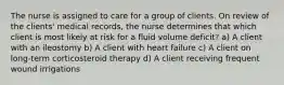 The nurse is assigned to care for a group of clients. On review of the clients' medical records, the nurse determines that which client is most likely at risk for a fluid volume deficit? a) A client with an ileostomy b) A client with heart failure c) A client on long-term corticosteroid therapy d) A client receiving frequent wound irrigations