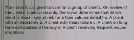 The nurse is assigned to care for a group of clients. On review of the clients' medical records, the nurse determines that which client is most likely at risk for a fluid volume deficit? a. A client with an ileostomy b. A client with heart failure c. A client on long-term corticosteroid therapy d. A client receiving frequent wound irrigations