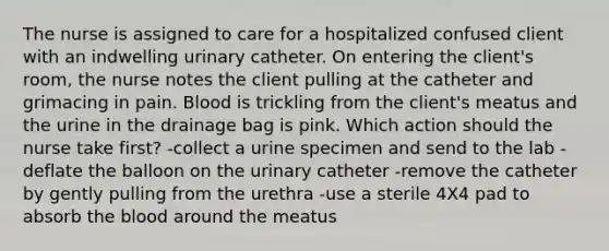 The nurse is assigned to care for a hospitalized confused client with an indwelling urinary catheter. On entering the client's room, the nurse notes the client pulling at the catheter and grimacing in pain. Blood is trickling from the client's meatus and the urine in the drainage bag is pink. Which action should the nurse take first? -collect a urine specimen and send to the lab -deflate the balloon on the urinary catheter -remove the catheter by gently pulling from the urethra -use a sterile 4X4 pad to absorb the blood around the meatus