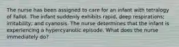 The nurse has been assigned to care for an infant with tetralogy of Fallot. The infant suddenly exhibits rapid, deep respirations; irritability; and cyanosis. The nurse determines that the infant is experiencing a hypercyanotic episode. What does the nurse immediately do?