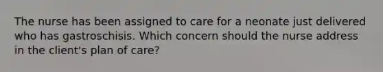 The nurse has been assigned to care for a neonate just delivered who has gastroschisis. Which concern should the nurse address in the client's plan of care?