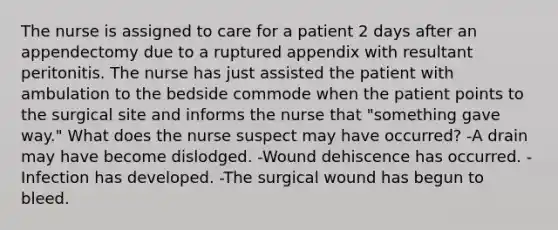 The nurse is assigned to care for a patient 2 days after an appendectomy due to a ruptured appendix with resultant peritonitis. The nurse has just assisted the patient with ambulation to the bedside commode when the patient points to the surgical site and informs the nurse that "something gave way." What does the nurse suspect may have occurred? -A drain may have become dislodged. -Wound dehiscence has occurred. -Infection has developed. -The surgical wound has begun to bleed.