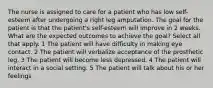 The nurse is assigned to care for a patient who has low self-esteem after undergoing a right leg amputation. The goal for the patient is that the patient's self-esteem will improve in 2 weeks. What are the expected outcomes to achieve the goal? Select all that apply. 1 The patient will have difficulty in making eye contact. 2 The patient will verbalize acceptance of the prosthetic leg. 3 The patient will become less depressed. 4 The patient will interact in a social setting. 5 The patient will talk about his or her feelings