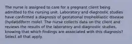 The nurse is assigned to care for a pregnant client being admitted to the nursing unit. Laboratory and diagnostic studies have confirmed a diagnosis of gestational trophoblastic disease (hydatidiform mole). The nurse collects data on the client and reviews the results of the laboratory and diagnostic studies, knowing that which findings are associated with this diagnosis? Select all that apply.