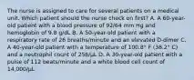 The nurse is assigned to care for several patients on a medical unit. Which patient should the nurse check on first? A. A 60-year-old patient with a blood pressure of 92/64 mm Hg and hemoglobin of 9.8 g/dL B. A 50-year-old patient with a respiratory rate of 26 breaths/minute and an elevated D-dimer C. A 40-year-old patient with a temperature of 100.8° F (38.2° C) and a neutrophil count of 256/µL D. A 30-year-old patient with a pulse of 112 beats/minute and a white blood cell count of 14,000/µL