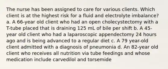 The nurse has been assigned to care for various clients. Which client is at the highest risk for a fluid and electrolyte imbalance? a. A 66-year old client who had an open cholecystectomy with a T-tube placed that is draining 125 mL of bile per shift b. A 45-year old client who had a laparoscopic appendectomy 24 hours ago and is being advanced to a regular diet c. A 79 year-old client admitted with a diagnosis of pneumonia d. An 82-year old client who receives all nutrition via tube feedings and whose medication include carvedilol and torsemide