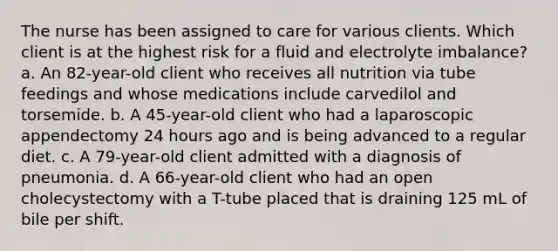 The nurse has been assigned to care for various clients. Which client is at the highest risk for a fluid and electrolyte imbalance? a. An 82-year-old client who receives all nutrition via tube feedings and whose medications include carvedilol and torsemide. b. A 45-year-old client who had a laparoscopic appendectomy 24 hours ago and is being advanced to a regular diet. c. A 79-year-old client admitted with a diagnosis of pneumonia. d. A 66-year-old client who had an open cholecystectomy with a T-tube placed that is draining 125 mL of bile per shift.