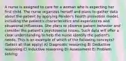 A nurse is assigned to care for a woman who is expecting her first child. The nurse organizes herself and plans to gather data about the patient by applying Pender's health promotion model, including the patient's characteristics and experiences and situational influences. She plans to observe patient behavior and consider the patient's psychosocial issues. Such data will offer a clear understanding to help the nurse identify the patient's needs. This is an example of which of the following concepts? (Select all that apply) A) Diagnostic reasoning B) Deductive reasoning C) Inductive reasoning D) Assessment E) Problem solving