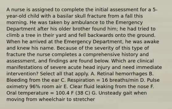 A nurse is assigned to complete the initial assessment for a 5-year-old child with a basilar skull fracture from a fall this morning. He was taken by ambulance to the Emergency Department after his older brother found him; he had tried to climb a tree in their yard and fell backwards onto the ground. When he arrived at the Emergency Department, he was awake and knew his name. Because of the severity of this type of fracture the nurse completes a comprehensive history and assessment, and findings are found below. Which are clinical manifestations of severe acute head injury and need immediate intervention? Select all that apply. A. Retinal hemorrhages B. Bleeding from the ear C. Respiration = 16 breaths/min D. Pulse oximetry 96% room air E. Clear fluid leaking from the nose F. Oral temperature = 100.4 F (38 C) G. Unsteady gait when moving from wheelchair to stretcher