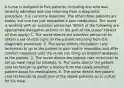 A nurse is assigned to five patients, including one who was recently admitted and one returning from a diagnostic procedure. It is currently mealtime. The other three patients are stable, but one has just requested a pain medication. The nurse is working with an assistive personnel. Which of the following are appropriate delegation actions on the part of the nurse? (Select all that apply.) 1. The nurse directs the assistive personnel to obtain a set of vital signs on the patient returning from the diagnostic procedure. 2. The nurse directs the patient care technician to go to the patient in pain and to reposition and offer comfort measures until the nurse can bring an ordered analgesic to the patient. 3. The nurse directs the patient care technician to set up meal trays for patients. 4. The nurse directs the patient care technician to gather a history from the newly admitted patient about his medications. 5. The nurse directs the patient care technician to assist one of the stable patients up in a chair for his meal.