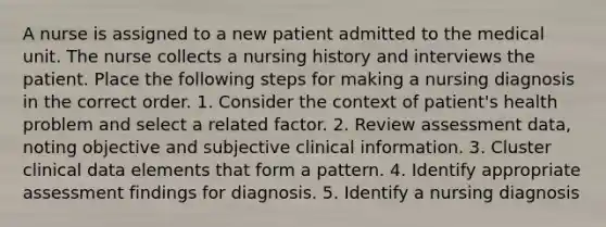 A nurse is assigned to a new patient admitted to the medical unit. The nurse collects a nursing history and interviews the patient. Place the following steps for making a nursing diagnosis in the correct order. 1. Consider the context of patient's health problem and select a related factor. 2. Review assessment data, noting objective and subjective clinical information. 3. Cluster clinical data elements that form a pattern. 4. Identify appropriate assessment findings for diagnosis. 5. Identify a nursing diagnosis