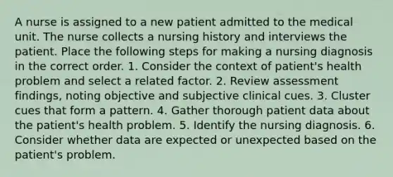 A nurse is assigned to a new patient admitted to the medical unit. The nurse collects a nursing history and interviews the patient. Place the following steps for making a nursing diagnosis in the correct order. 1. Consider the context of patient's health problem and select a related factor. 2. Review assessment findings, noting objective and subjective clinical cues. 3. Cluster cues that form a pattern. 4. Gather thorough patient data about the patient's health problem. 5. Identify the nursing diagnosis. 6. Consider whether data are expected or unexpected based on the patient's problem.